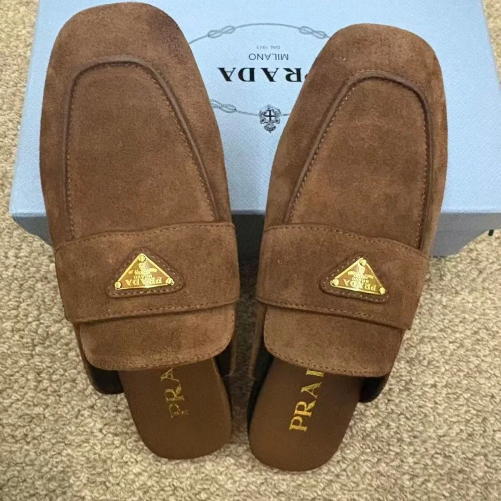 Prada Brown Suede Backless Loafers with Gold Logo - Picture 3 of 9